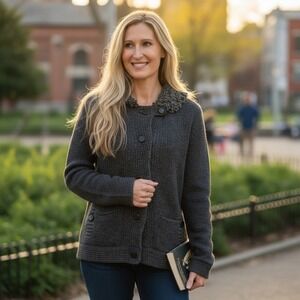 Gap Womens Gray 100% Wool Button Front Cardigan Sweater Faux Fur Collar Small